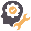Silhouette of a head with a gear and checkmark inside, plus a wrench; gray, white, and orange.