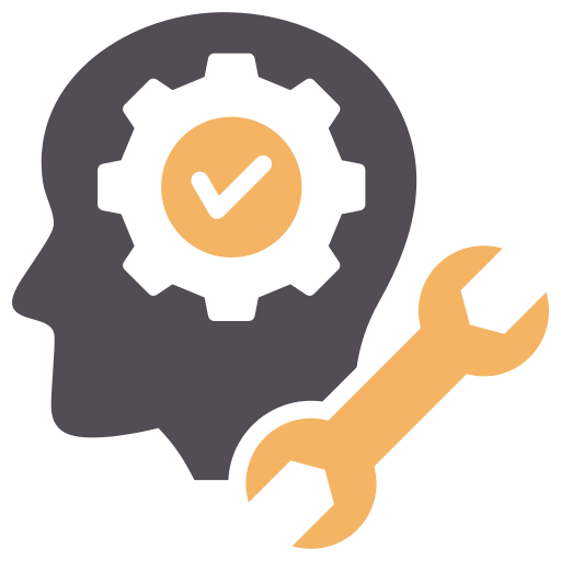Head silhouette with gear, checkmark, and wrench.