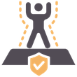 Person with raised arms standing on a platform with a shield. Dotted lines surround the person; the shield has a checkmark.