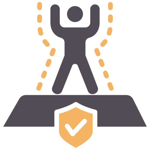 Person with arms raised, standing on a platform with a shield showing a checkmark. Dotted lines encircle the person.