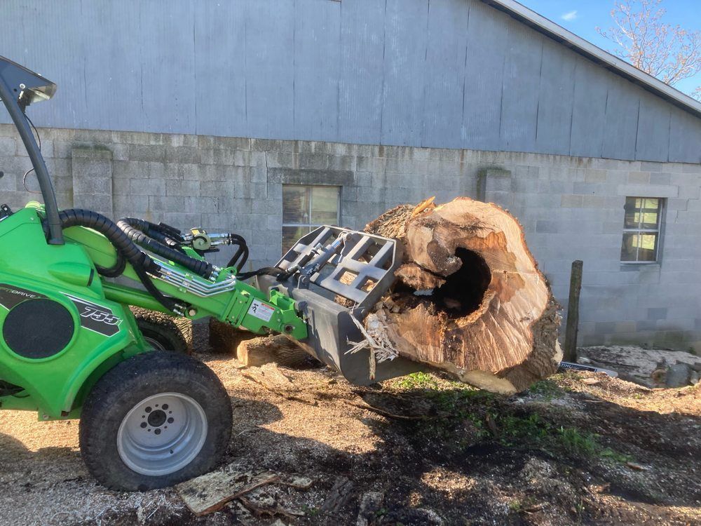 Green loader machine lifting a large tree stump near a building.