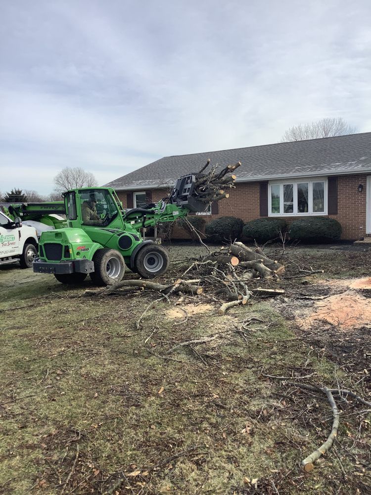 Green front-end loader carrying logs in front of a brick house. Tree debris on the ground.