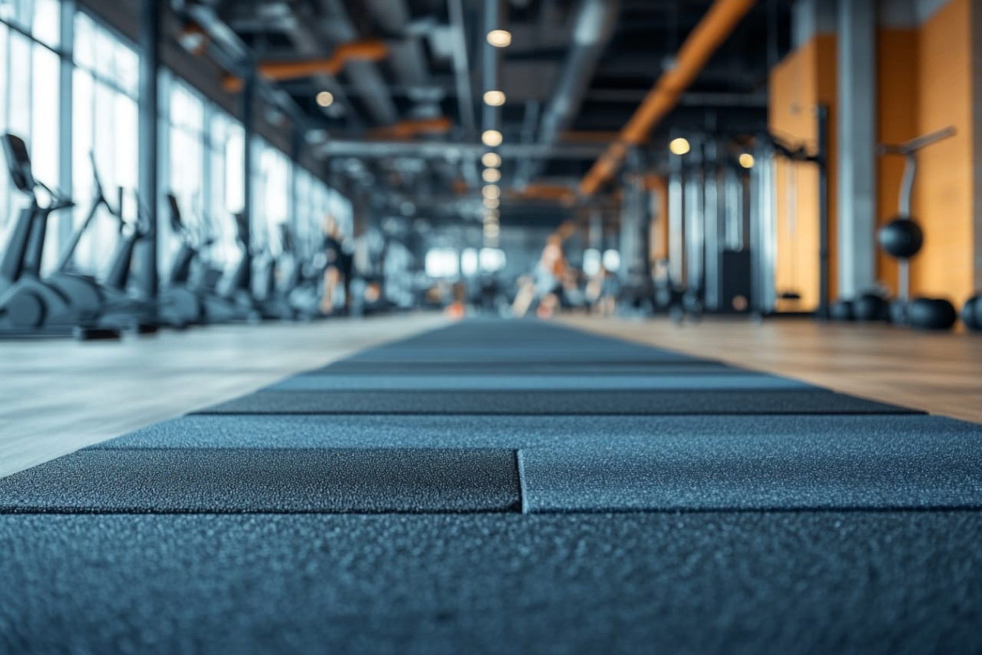 Empty gym with yoga mats on a rubber floor, blurred exercise bikes and warm orange lighting in the background