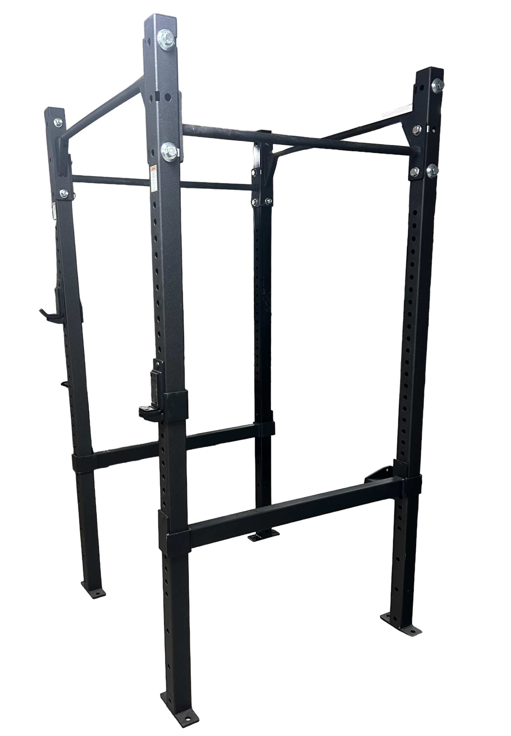 Black weightlifting power rack with pull-up bar.