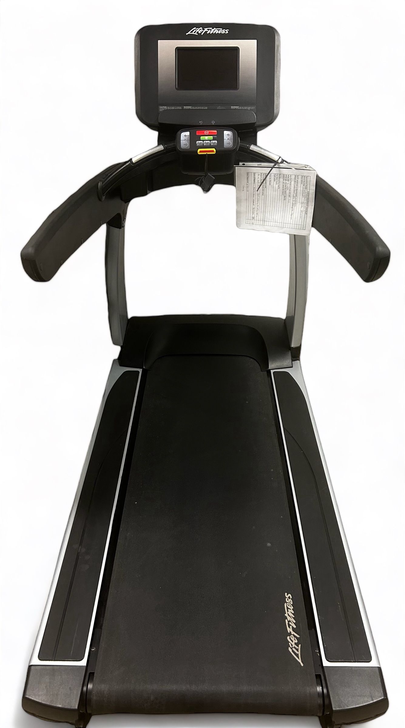 Black Life Fitness treadmill with console, handles, and running belt.