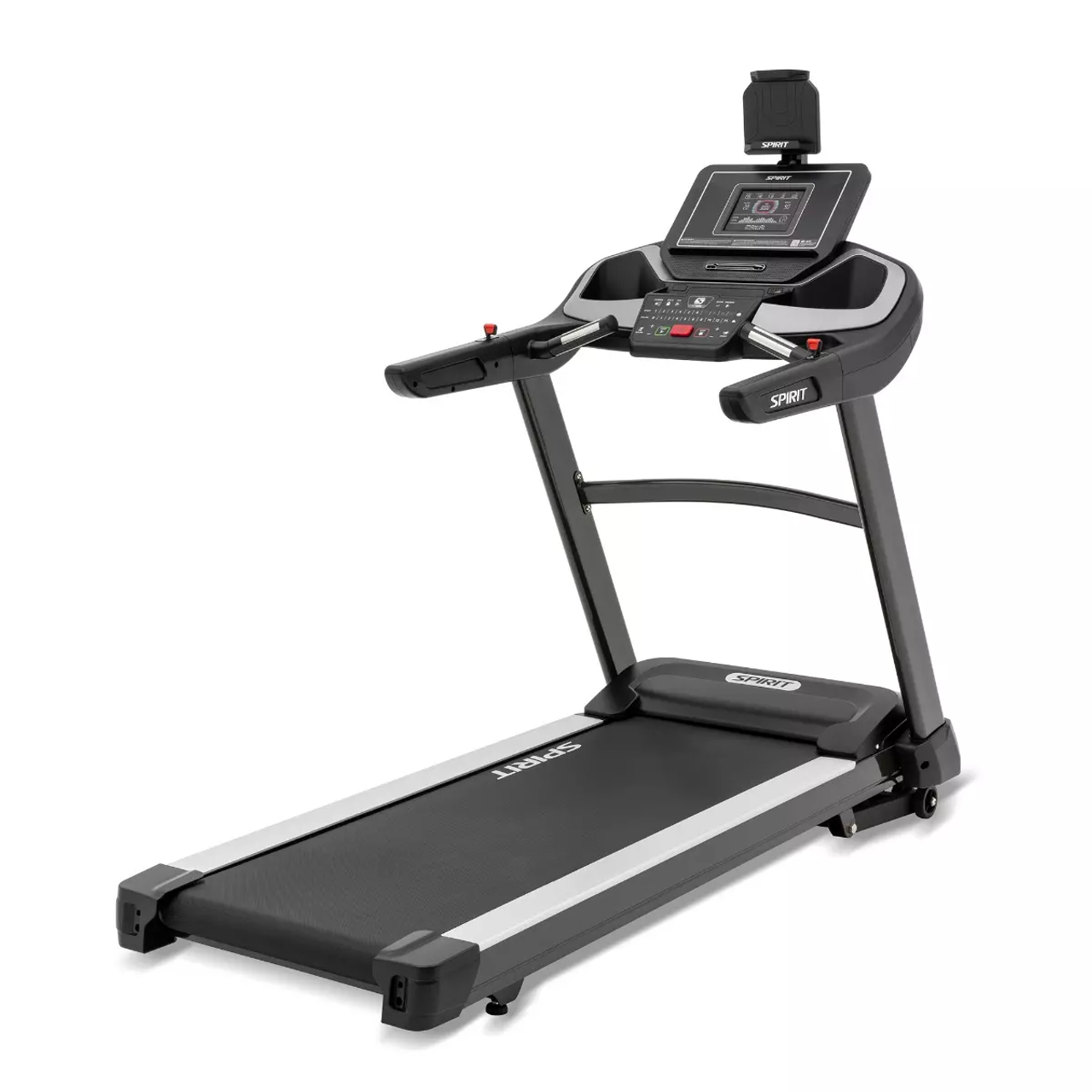 Black treadmill with a screen and handrails, angled on a white background.