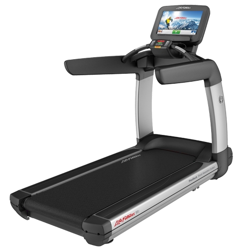 Life Fitness treadmill with a digital display showing a person running outdoors.