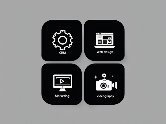 A set of four black and white icons on a gray background.
