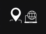 A map pin and a laptop with a globe on it on a black background.