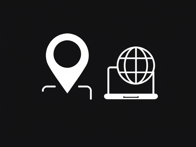 A map pin and a laptop with a globe on it on a black background.