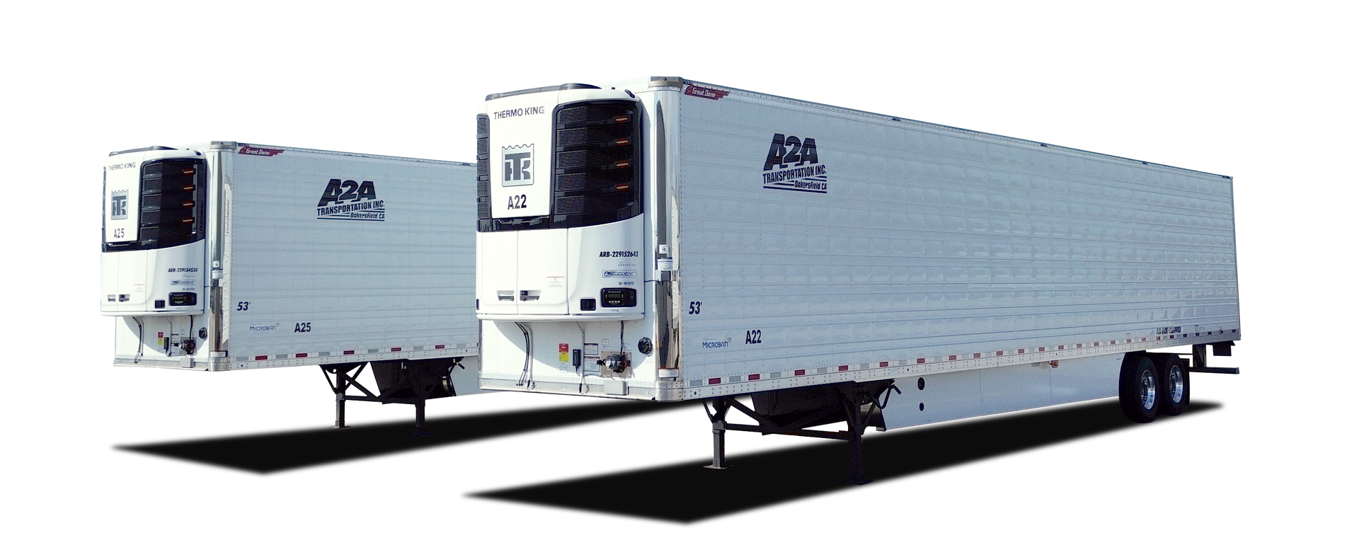 two white semi-trucks trailers are parked next to each other on a tansparent background .