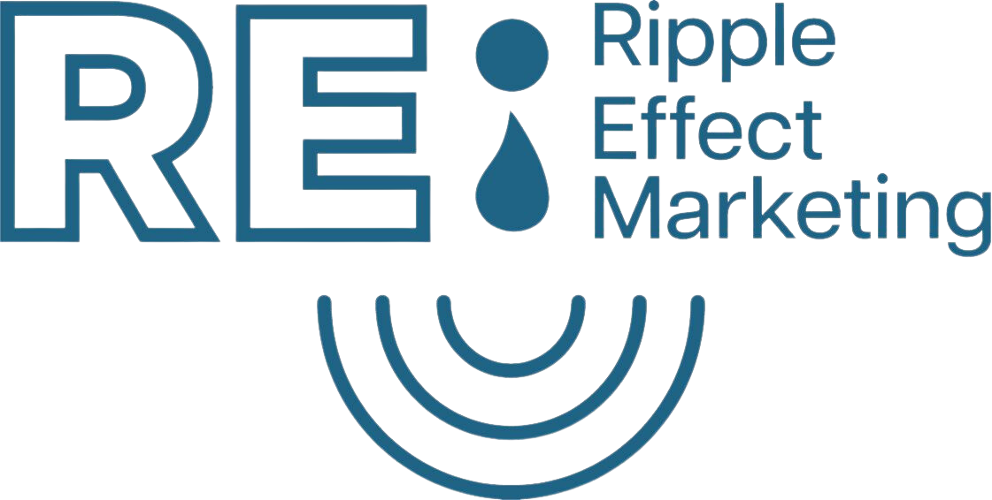 A blue logo for ripple effect marketing with a drop of water in the middle.