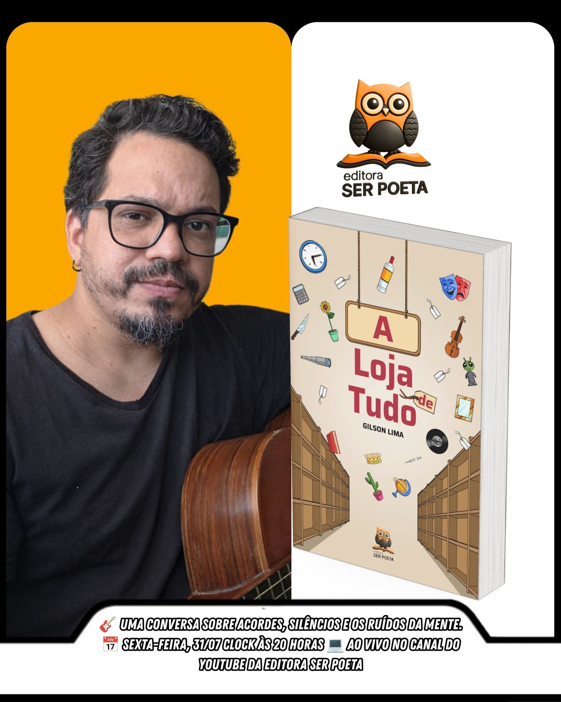 Homem de óculos ao lado da capa branca do livro “Loja Tudo” sobre um fundo laranja.