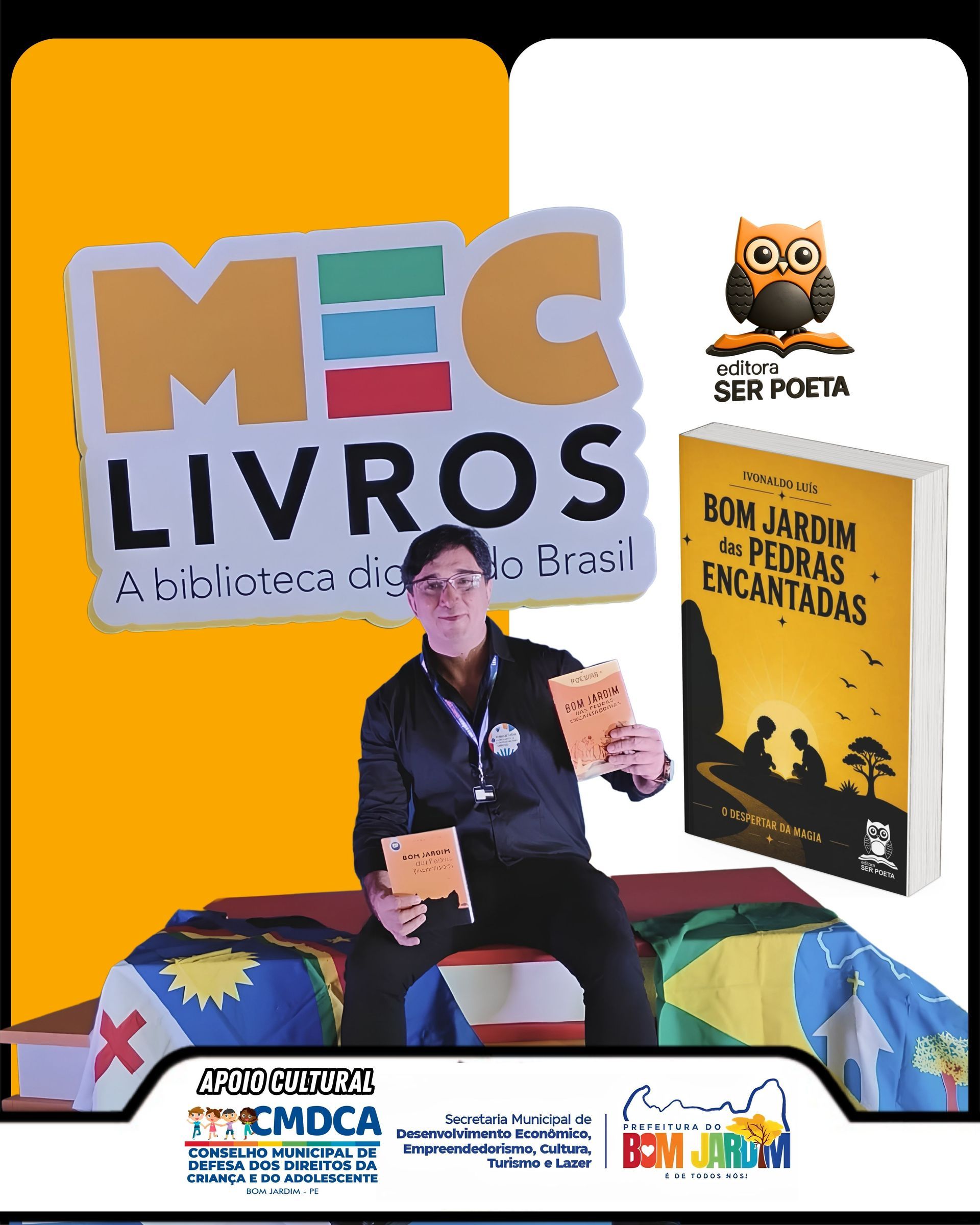 MEC Livros poster with a person seated, owl mascot, and book cover on orange and white background