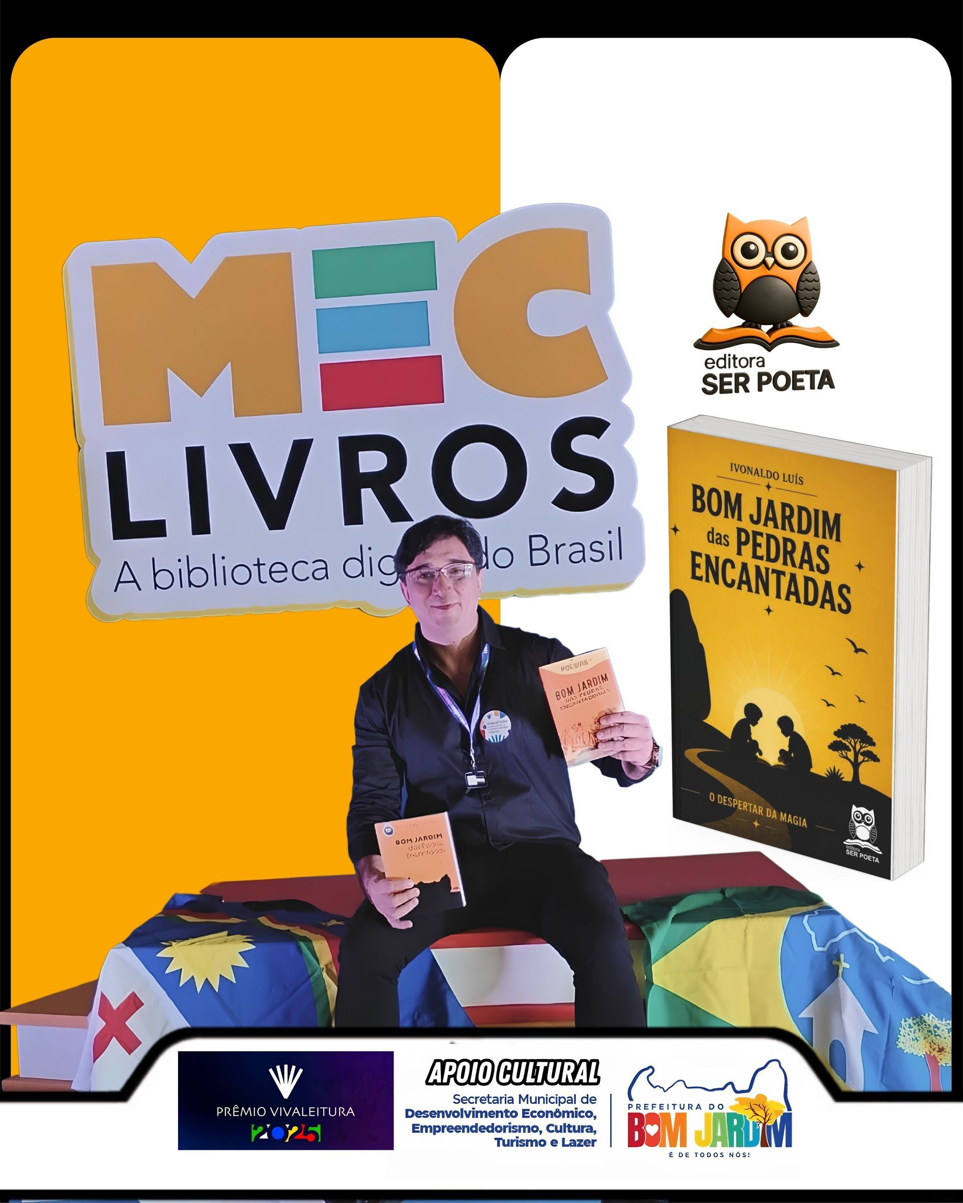 MEC Livros poster with a person seated, owl mascot, and book cover on orange and white background
