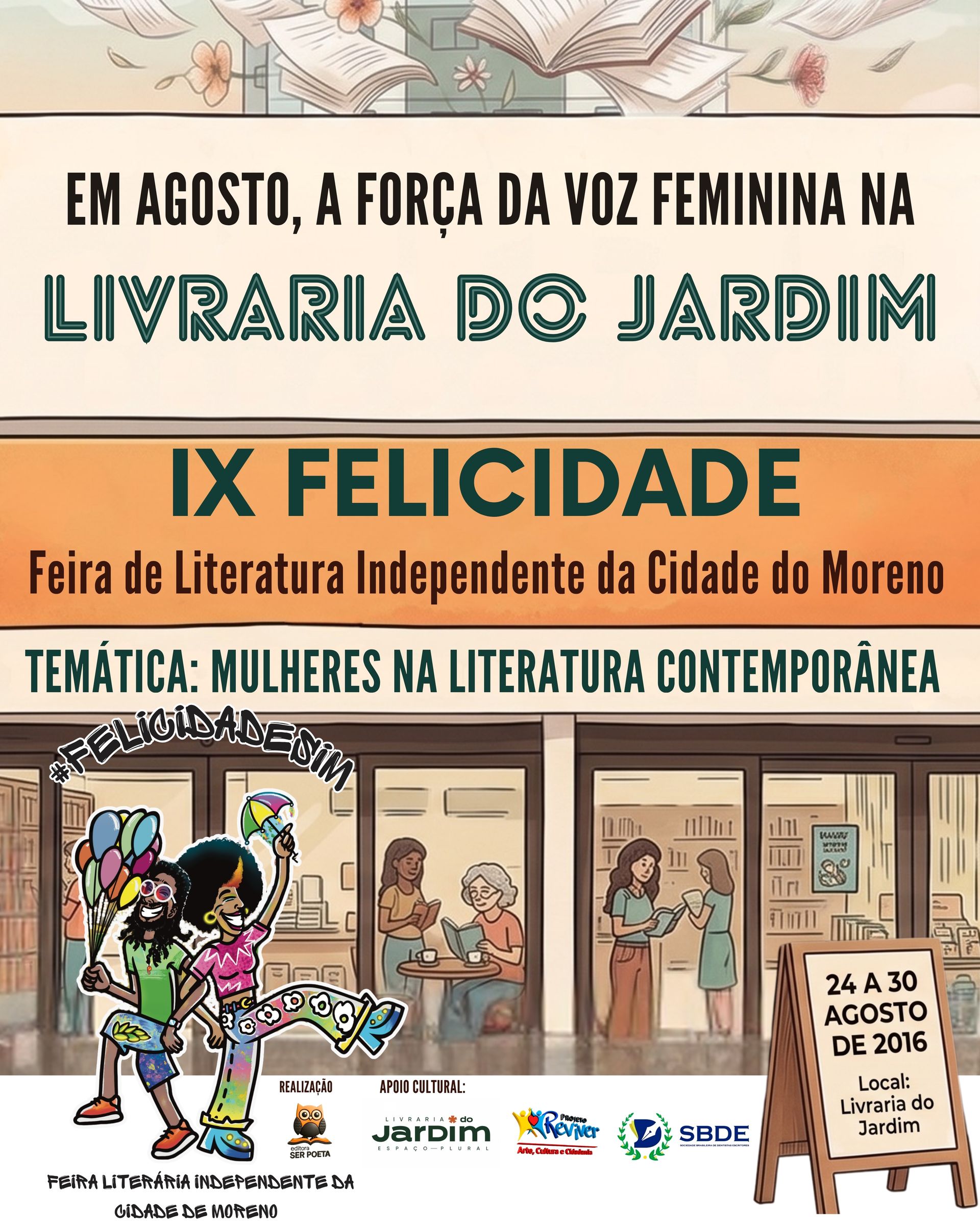 Cartaz da IX Felicidade na Livraria do Jardim, com tema “Mulheres na literatura contemporânea”, em tons bege e verde.