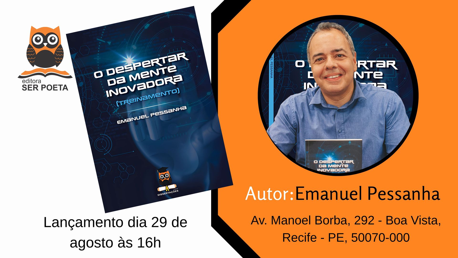 A man is standing in front of a book titled o despertar da mente novadora