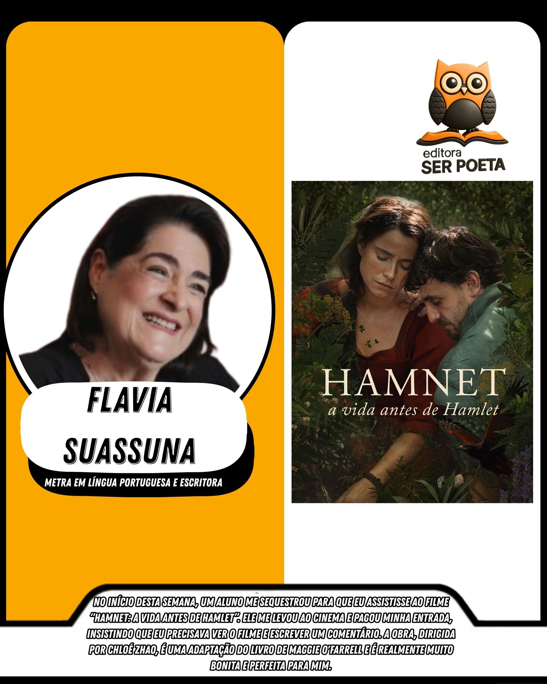Cartaz com retrato de Flavia Suassuna e capa do livro Hamlet, em fundo laranja e branco.