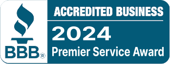 The bbb logo is blue and white and says accredited business.