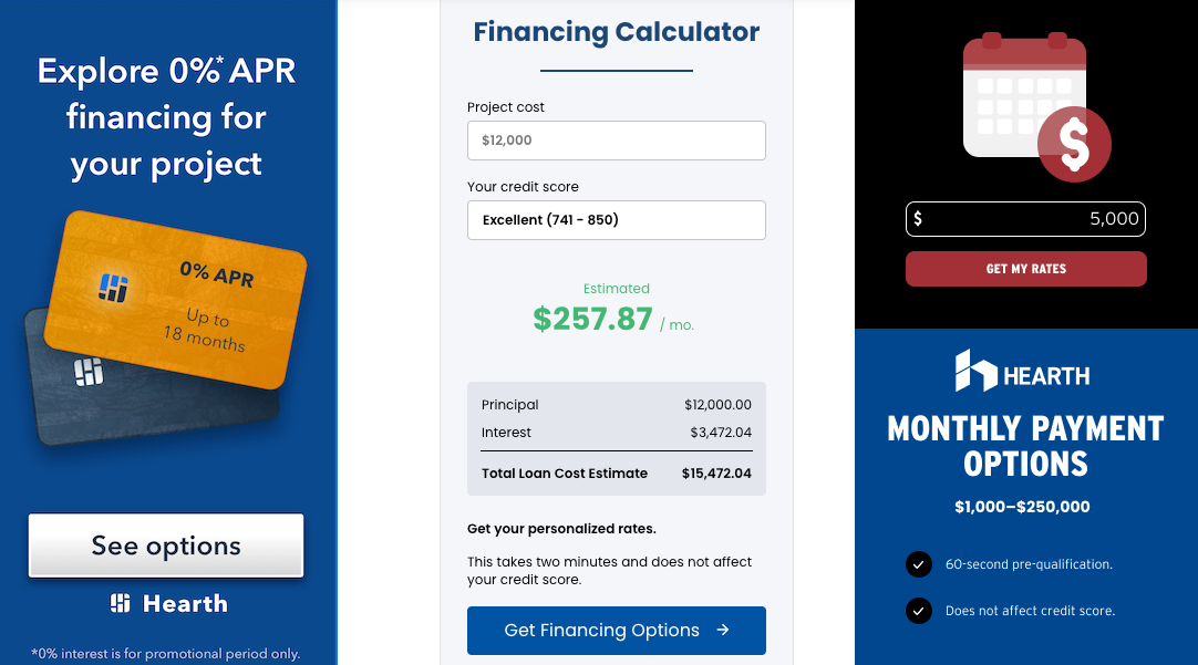 A screenshot of a website that says explore 0 % apr financing for your project
