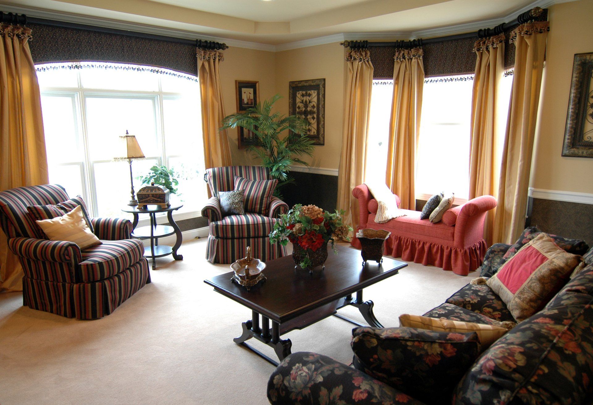 Shaped Valance with Trim, Panels, and Pillows