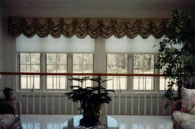 Windows with decorative valance, overlooking an outdoor scene; a potted plant is in the foreground.