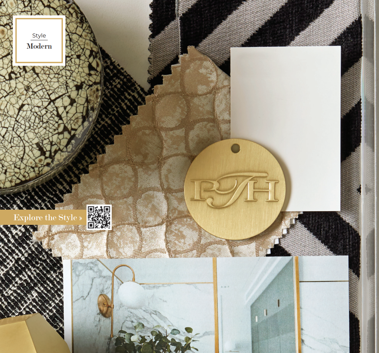 Mood board with gold, black, and white fabrics, textures, and décor, showcasing design elements.