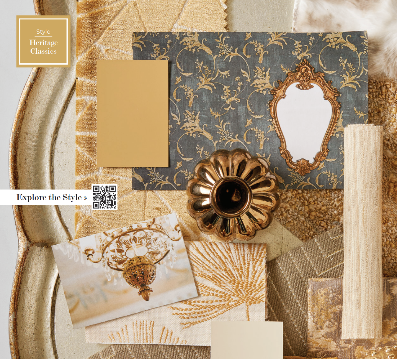 Mood board with gold, beige, and gray textures, ornate mirror, and pumpkin-shaped decor.