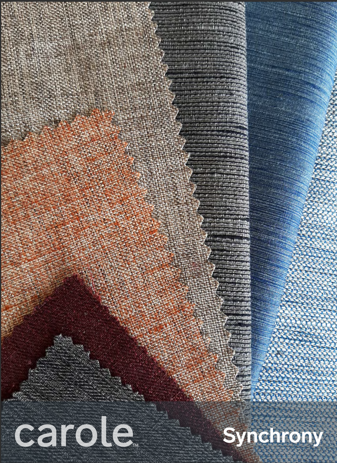 Fabric swatches in various textures and colors: brown, orange, gray, blue, and burgundy. 