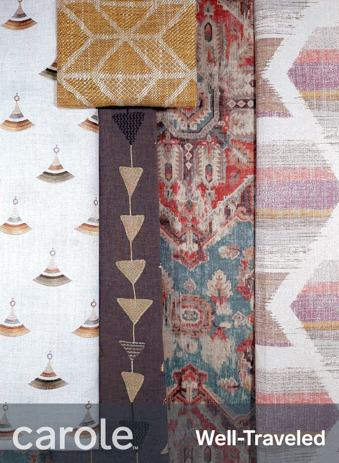 Fabric swatches with patterns, including gold, purple, red, and geometric shapes. 