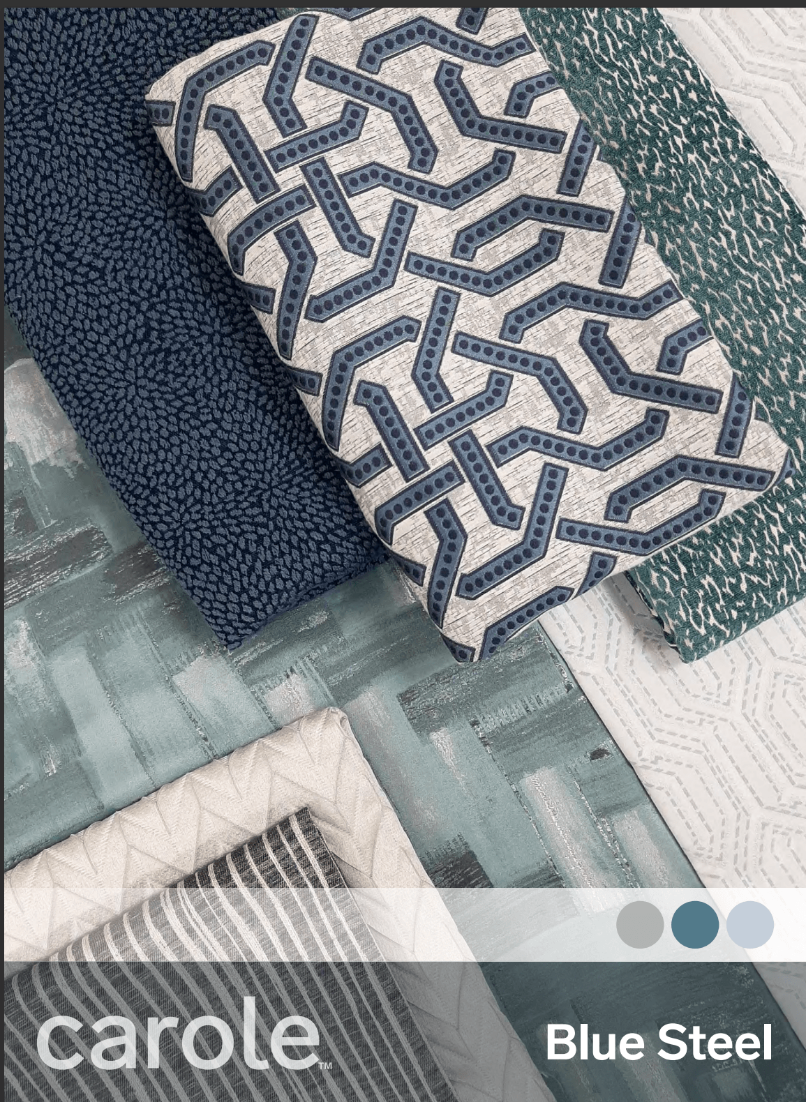Fabric samples in blue tones; 