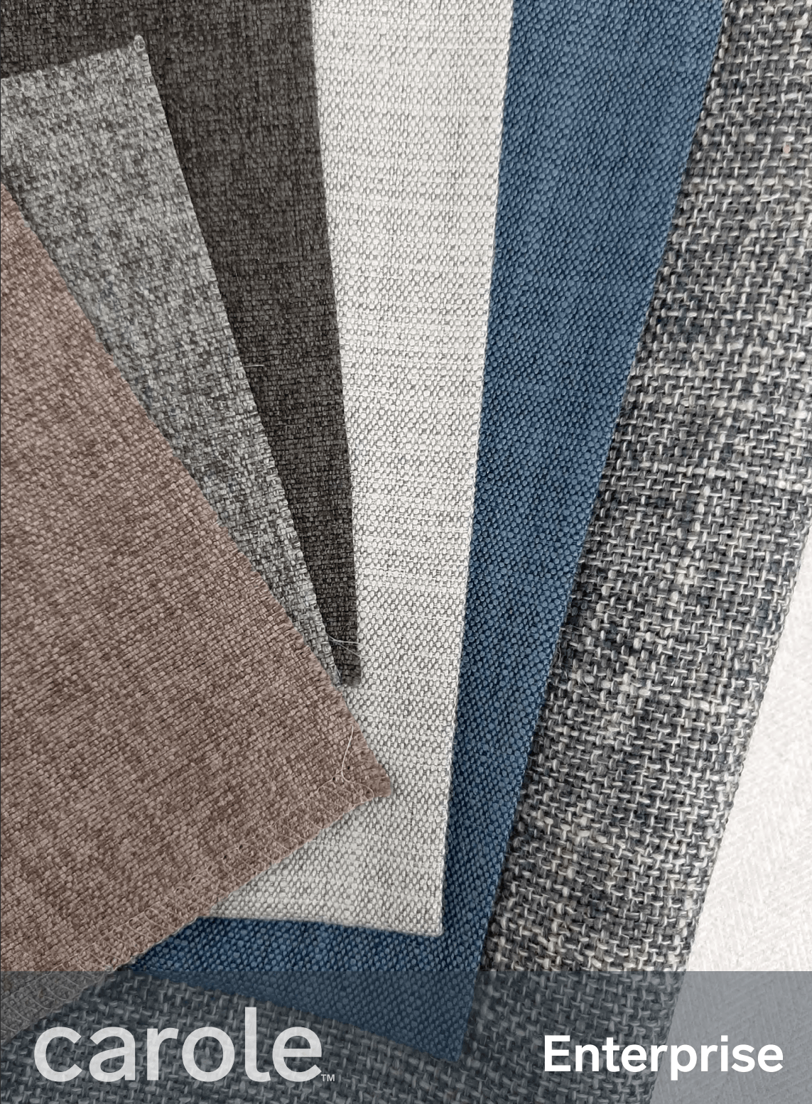 Samples of fabric swatches in various neutral and blue tones, labeled 