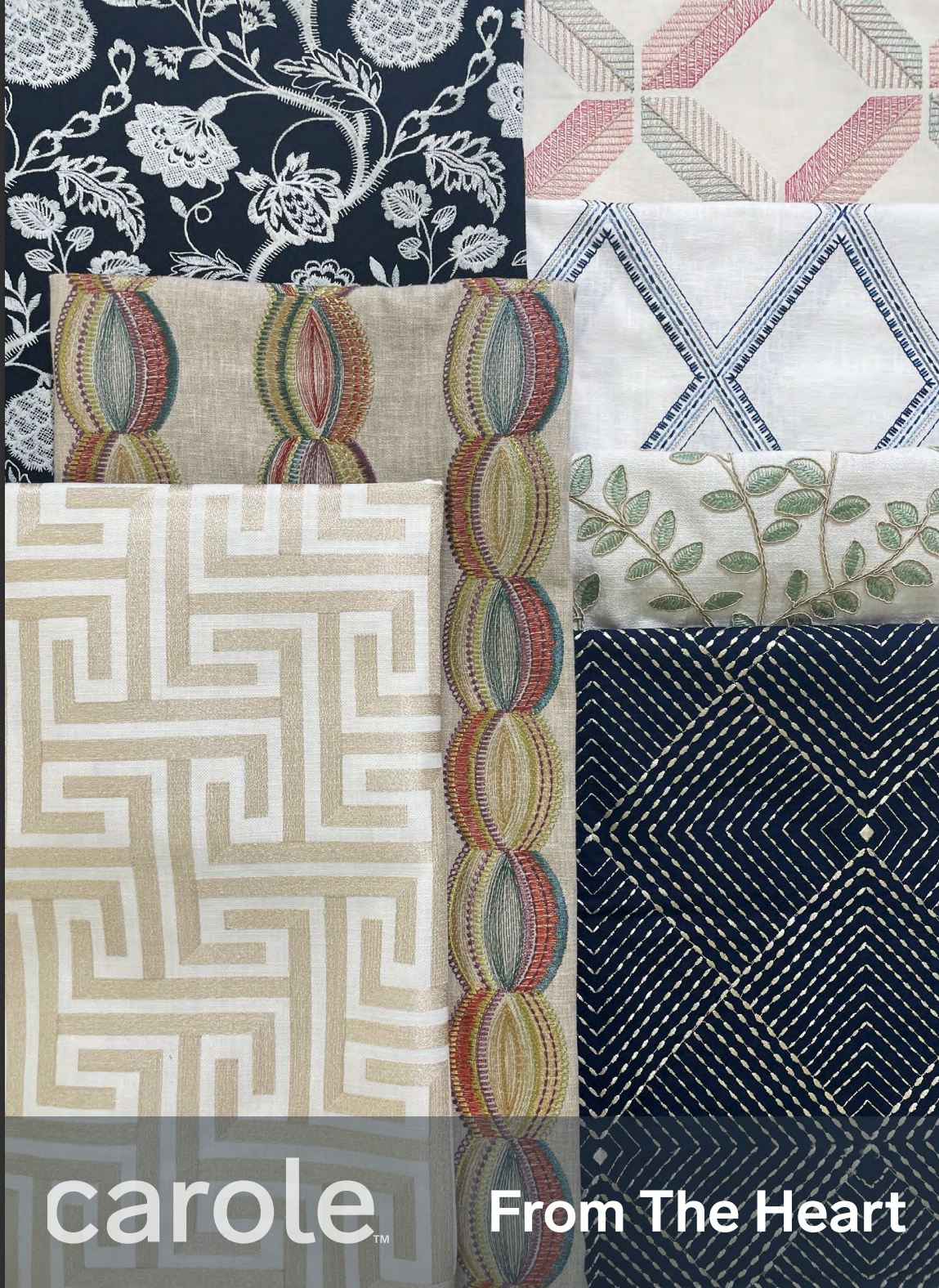 Textiles by Carole with floral, geometric, and textured patterns in blue, cream, and earth tones.