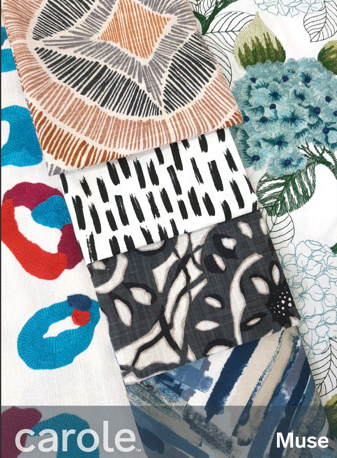 Fabric swatches in various patterns and colors: floral, geometric, and abstract.