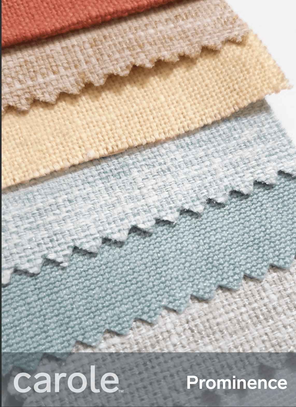 Fabric swatches in shades of orange, tan, yellow, teal, and gray, labeled 