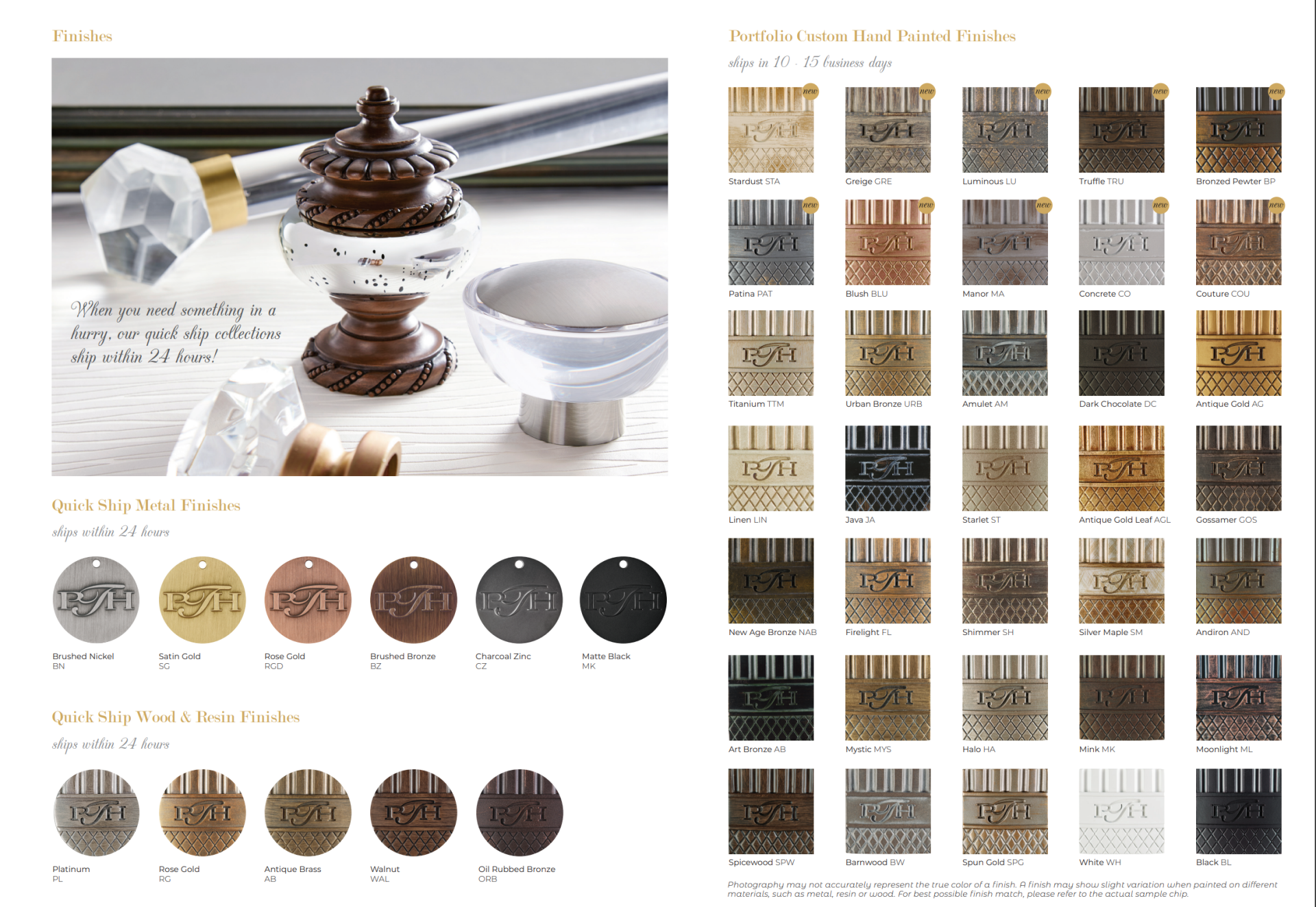 Window hardware catalog, showcasing various finial and bracket finishes in silver, bronze, and gold tones.