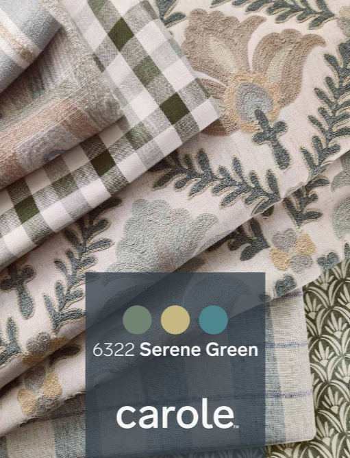 Fabrics in green and tan hues; a label reads 