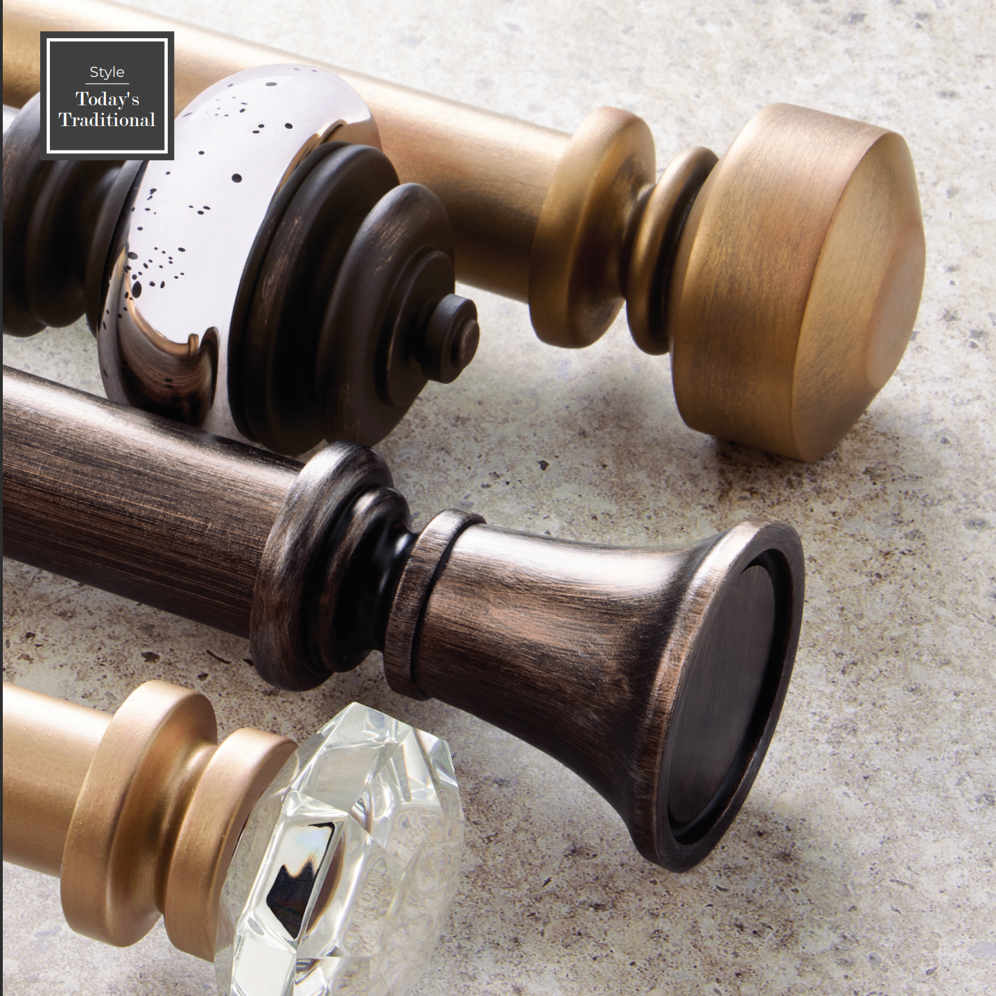 Close-up of various metal curtain rod finials, including brass, bronze, and a faceted crystal.