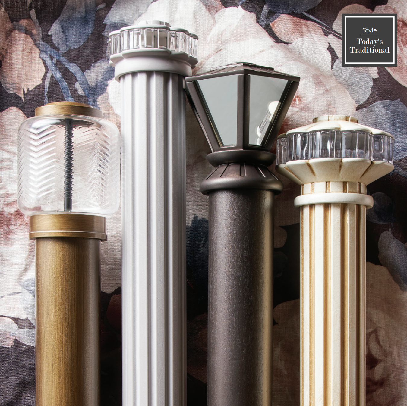 Various decorative curtain rod finials, in silver, bronze, and clear crystal, against a floral background.