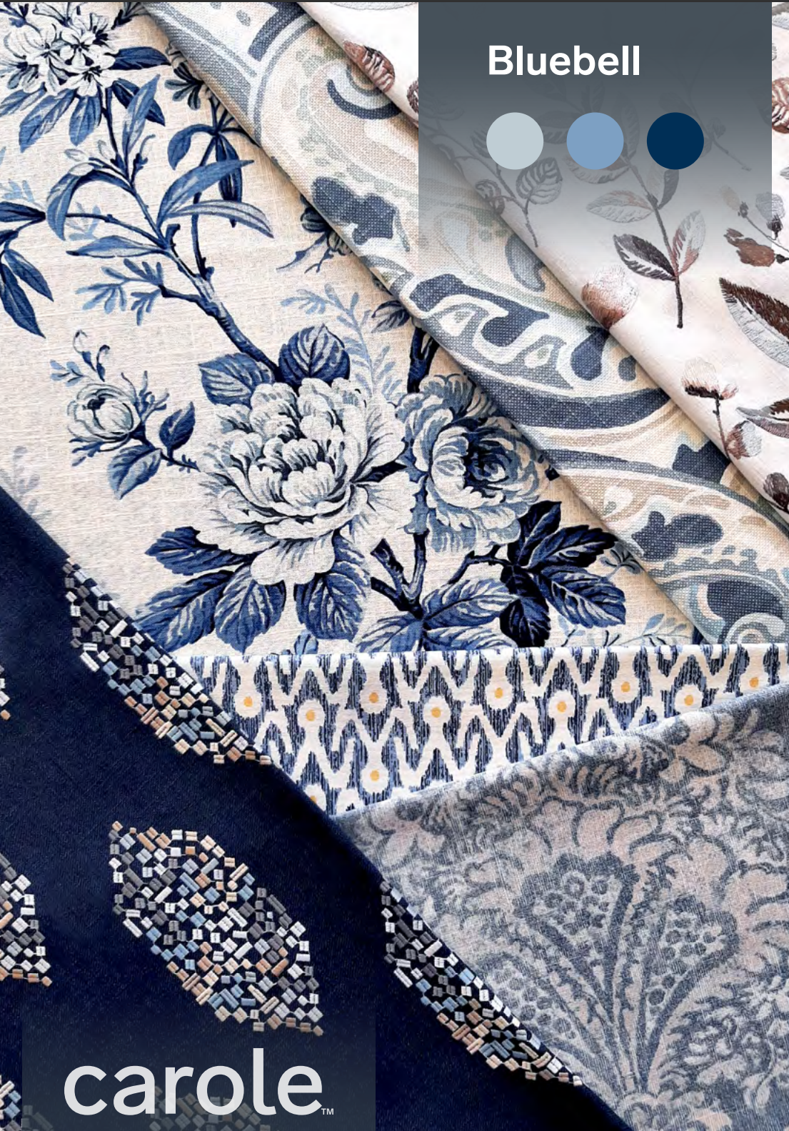 Textile samples with blue and beige floral and patterned designs.