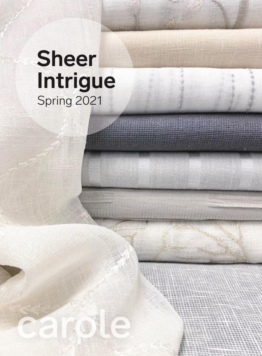 Stack of sheer fabric swatches in neutral tones, with the 