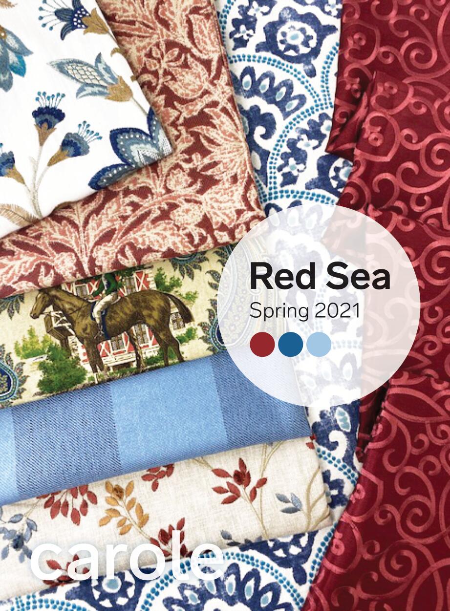 Fabric swatches in red, blue, and beige. 