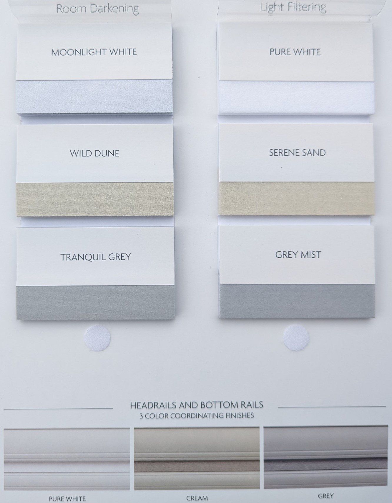 Color swatches for room darkening and light filtering fabrics with headrails and bottom rail samples.