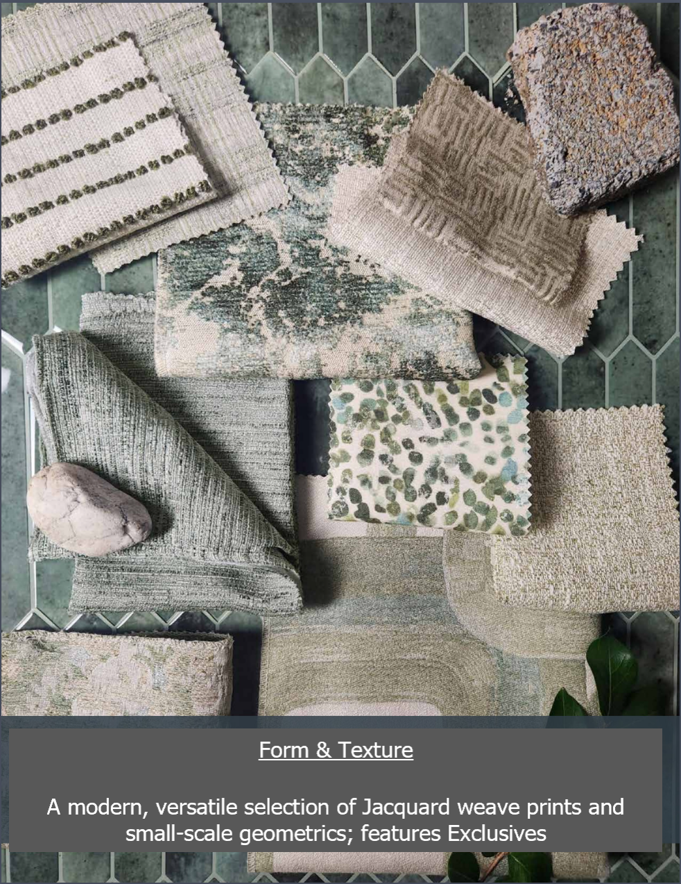 Swatches of fabric and tile in shades of green and beige arranged on a teal background.
