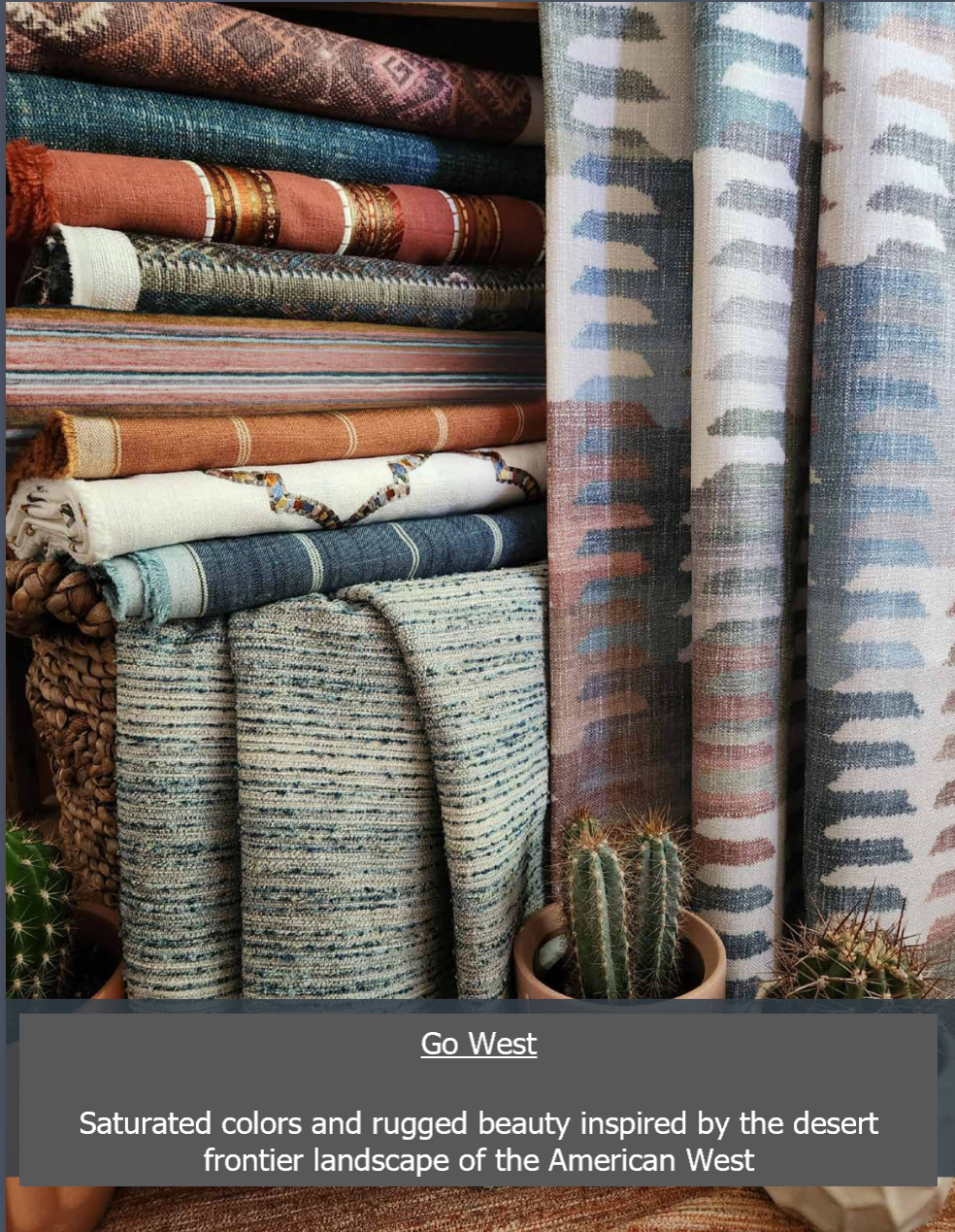 Shelves of colorful textiles, cactus, and text: 
