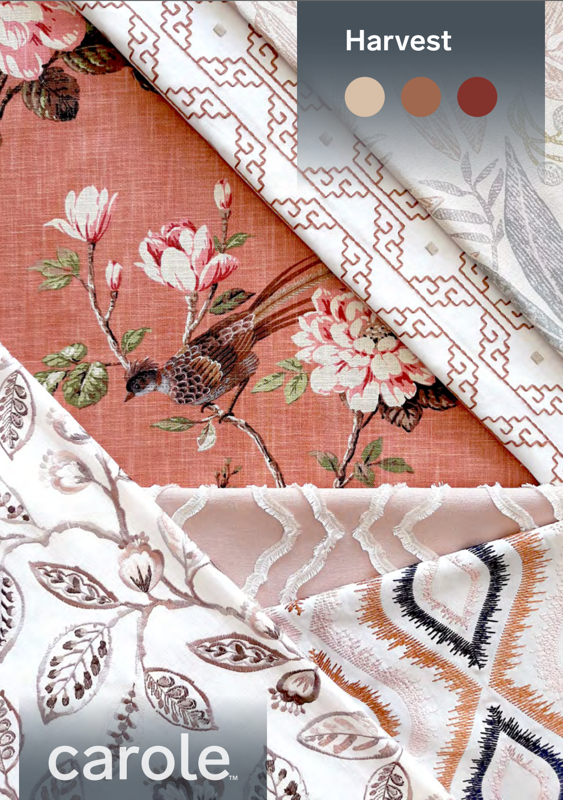 Fabric swatches in autumnal tones with floral and geometric patterns.