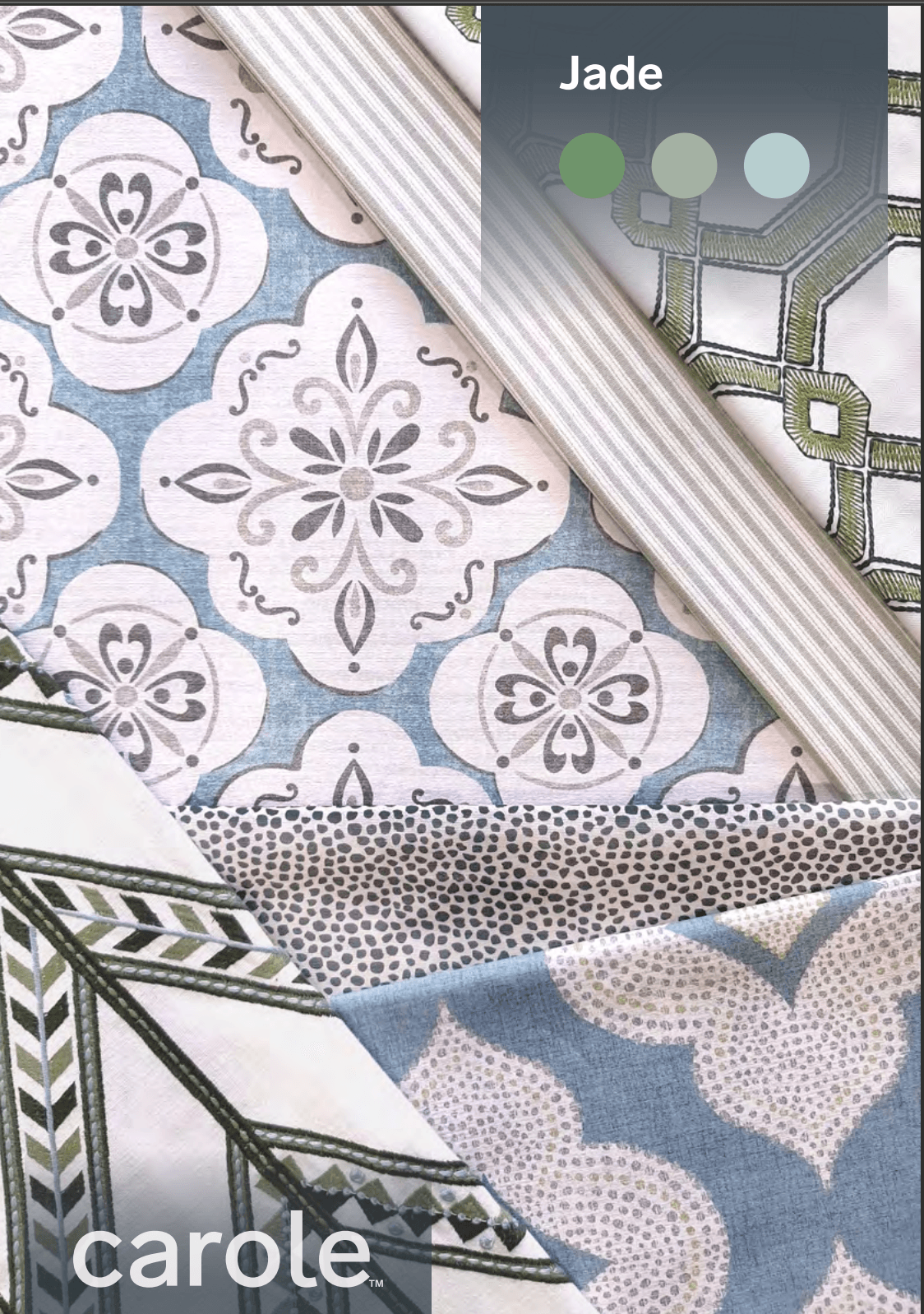 Textile samples in jade and blue; includes floral, stripe, and geometric patterns. The label says