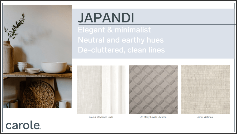 A Japandi design board. It features a photo of a shelf, and fabric swatches in neutral tones.
