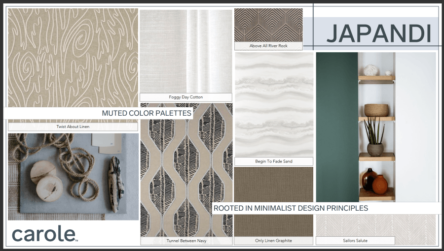 Japandi mood board with neutral color palette: woodgrain, textiles, green accent, with elements of nature-inspired design.