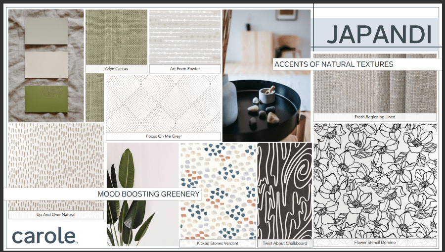 Mood board with Japandi style, showing natural textures, greenery, and neutral colors.